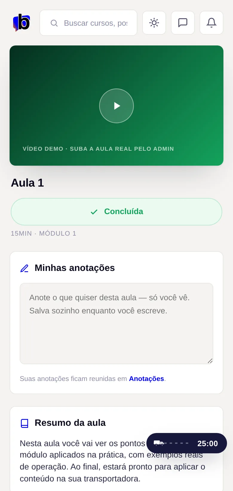 Tela real do player de aulas da Brudam Academy no celular