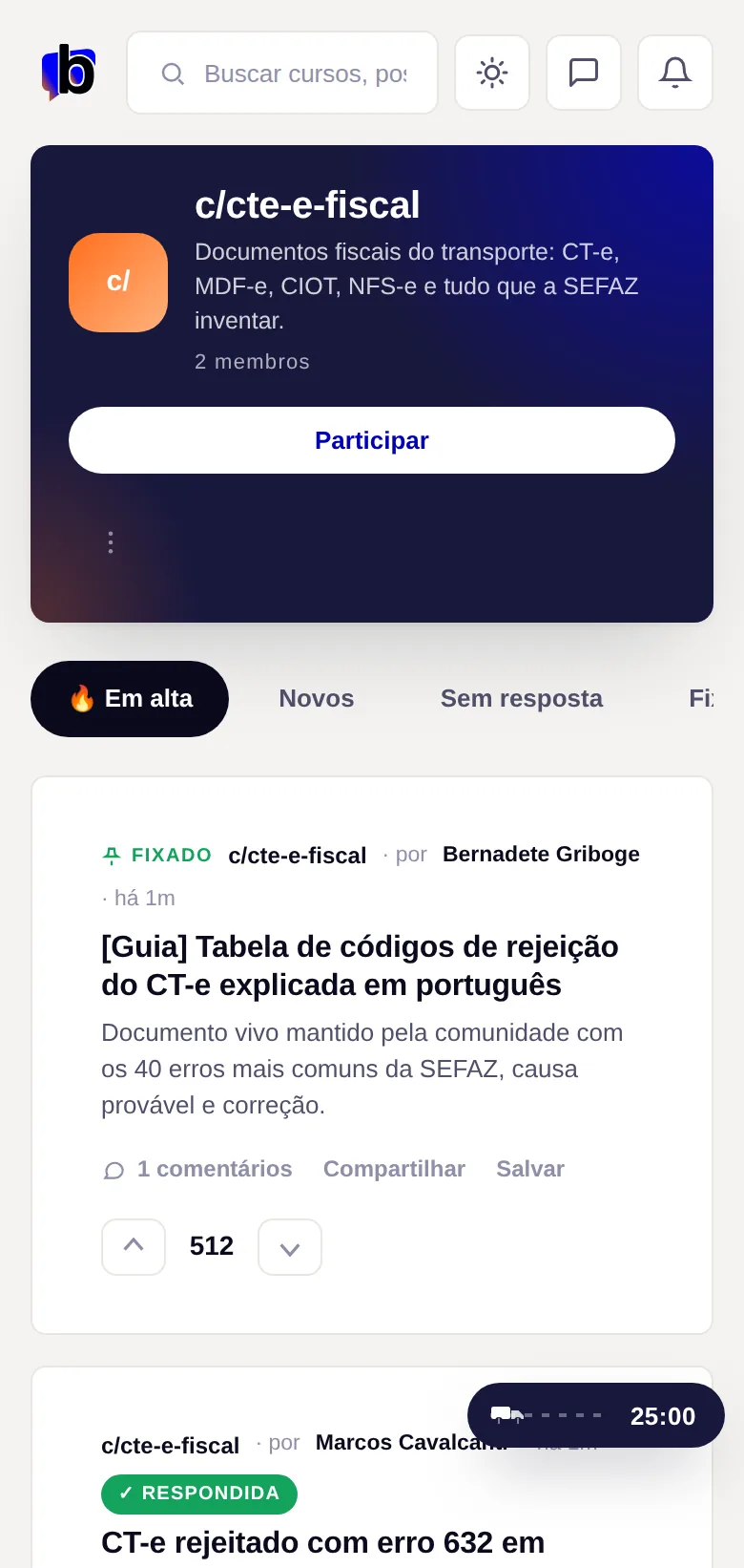 Tela real da comunidade da Brudam Academy no celular