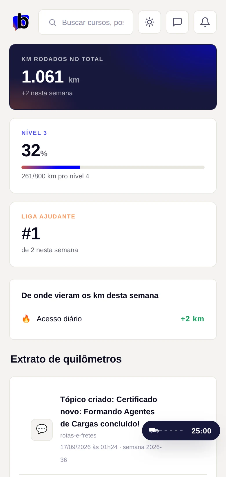 Tela real da jornada de quilômetros da Brudam Academy no celular