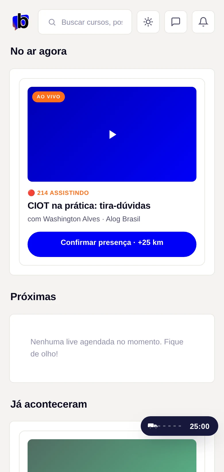 Tela real da agenda de aulas ao vivo da Brudam Academy no celular