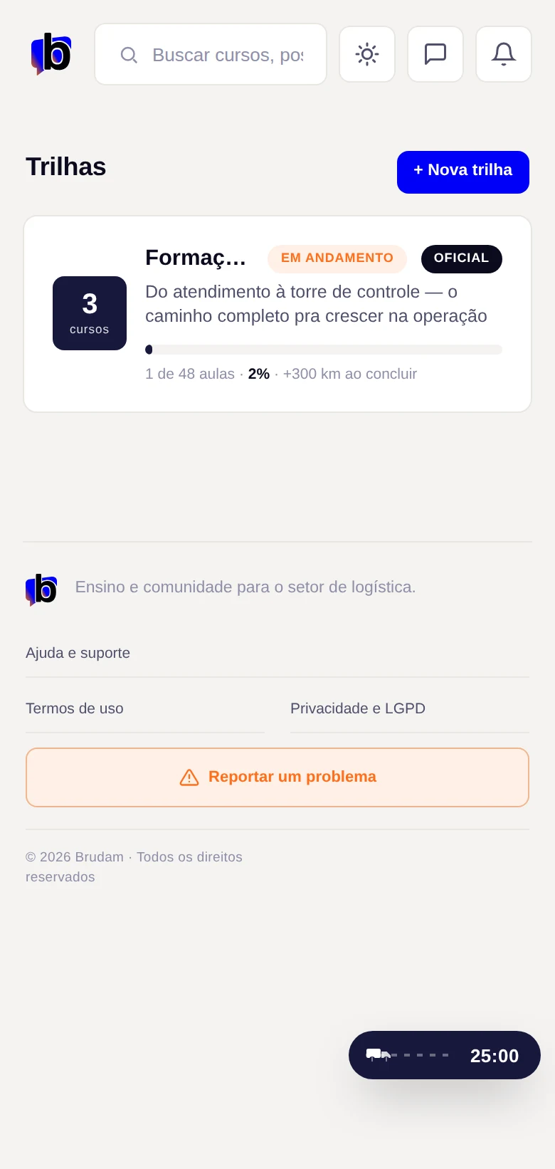 Tela real de trilhas de aprendizado da Brudam Academy no celular
