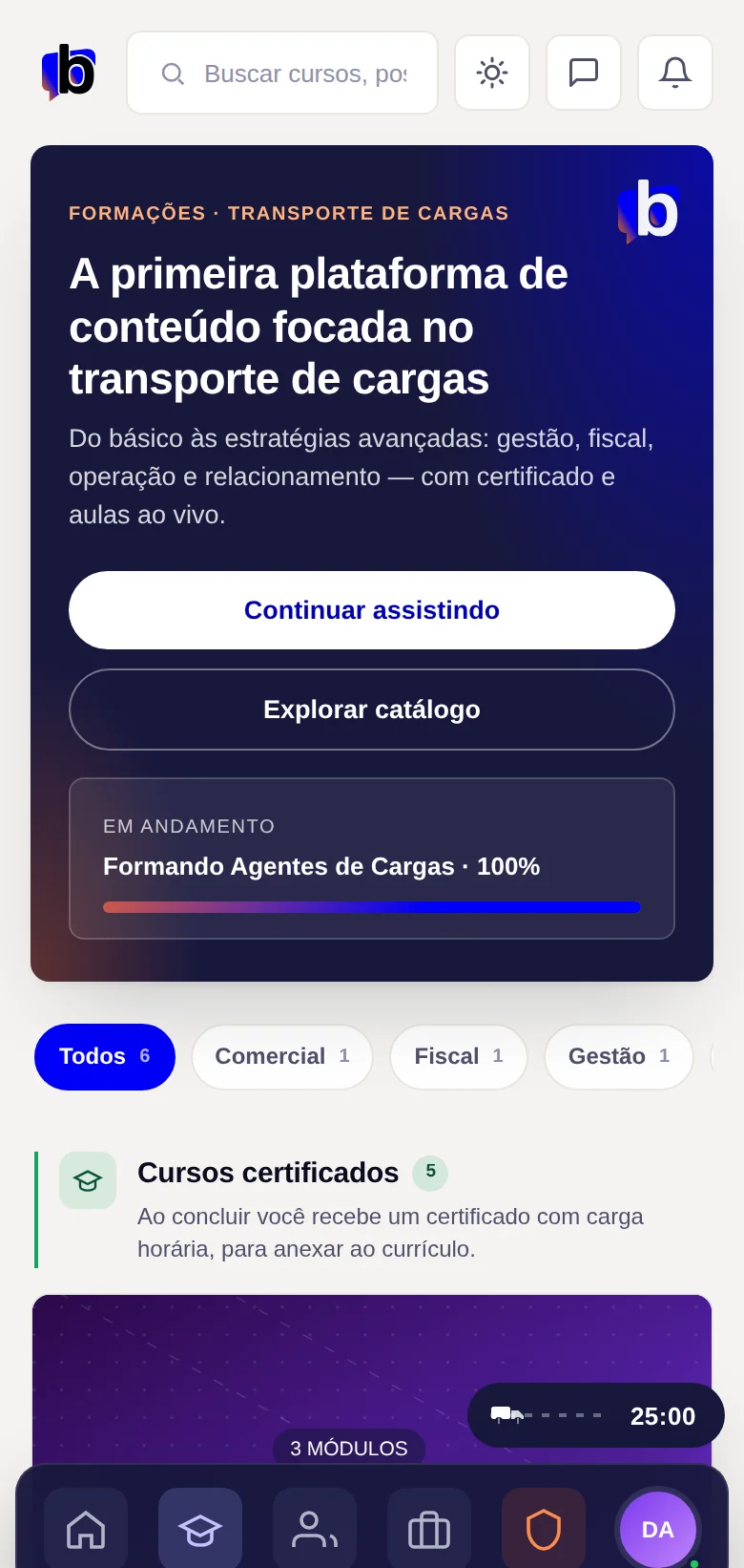 Tela real do catálogo de cursos da Brudam Academy no celular